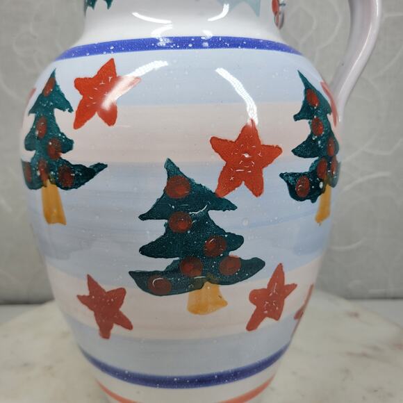 Pier 1 Italian Ceramic Pitcher Hand Painted Christmas Trees Floral Stars - Picture 11 of 15
